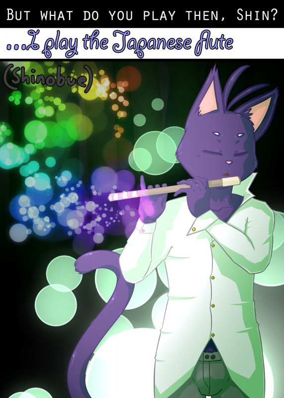 flute male musical_instrument solo text wind_instrument woodwind_instrument htodinth morenatsu shin_(morenatsu) domestic_cat felid feline felis mammal absurd_res english_text hi_res