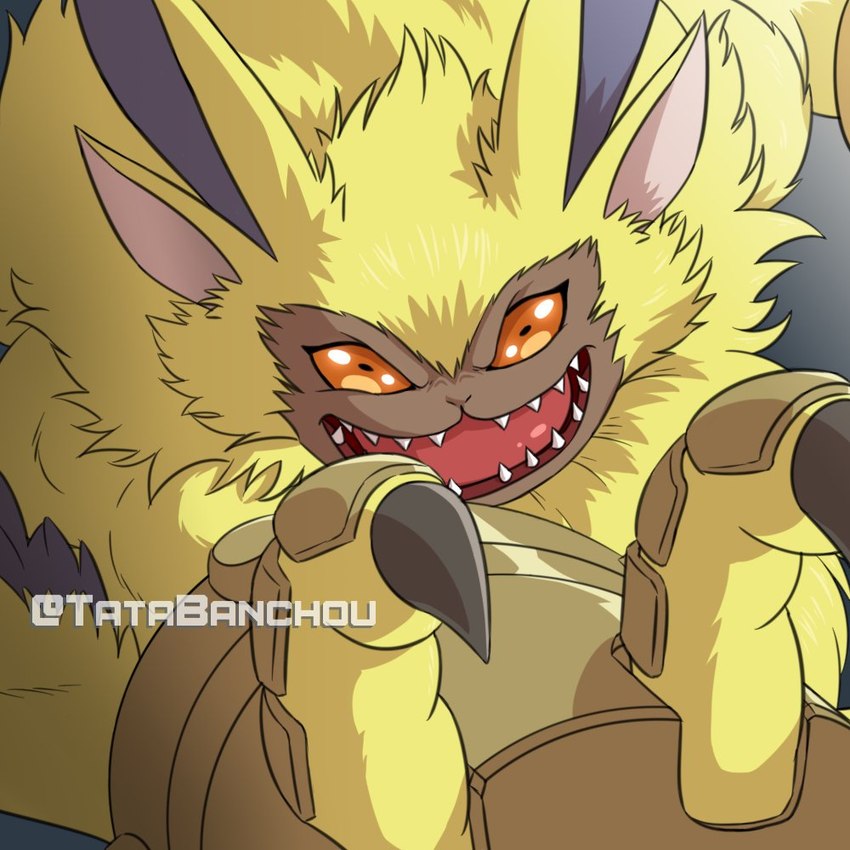 anthro armor claws fluffy fur male orange_eyes sharp_teeth solo teeth winged_arms wings yellow_body yellow_fur tatabanchou bandai_namco digimon digimon_ghost_game digimon_(species) lamortmon monster 1:1