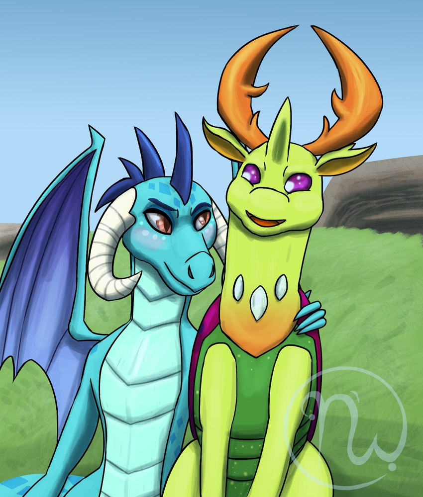 2_horns 4_fingers anthro antlers belly_scales blue_body blue_eyebrows blue_scales blue_sky blue_spines blue_wings blush chest_gem closed_smile cuddling day duo elytron eye_contact eyebrows female feral fingers gem grass green_body green_horn green_skin hand_on_shoulder horn interspecies logo looking_at_another male male/female membrane_(anatomy) membranous_wings mouth_closed multicolored_body multicolored_scales multicolored_skin open_mouth open_smile orange_antlers orange_eyes orange_inner_ear orange_tongue outside plant pupils purple_elytron purple_eyes quadruped rock romantic romantic_couple scales sitting sitting_on_ground sky slit_pupils smile smiling_at_another smiling_at_each_other spines tail tongue white_horn wings skywater friendship_is_magic hasbro my_little_pony mythology princess_ember_(mlp) thorax_(mlp) arthropod changeling dragon mythological_creature mythological_scalie reformed_changeling reptile scalie winged_dragon 2019 artist_logo colored digital_drawing_(artwork) digital_media_(artwork) hi_res shaded