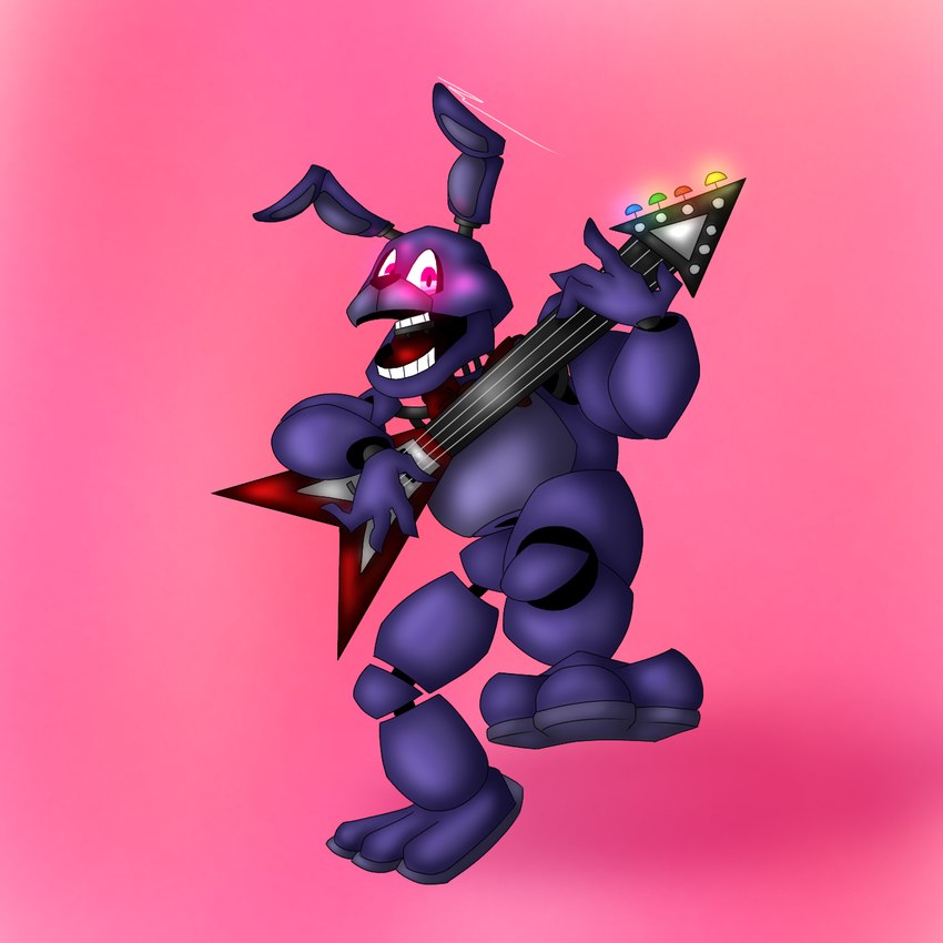 anthro bow_tie fingers guitar machine male musical_instrument open_mouth plucked_string_instrument purple_body solo string_instrument teeth passiona_roo five_nights_at_freddy's scottgames bonnie_(fnaf) animatronic lagomorph leporid mammal rabbit robot 1:1 2023 digital_media_(artwork) hi_res