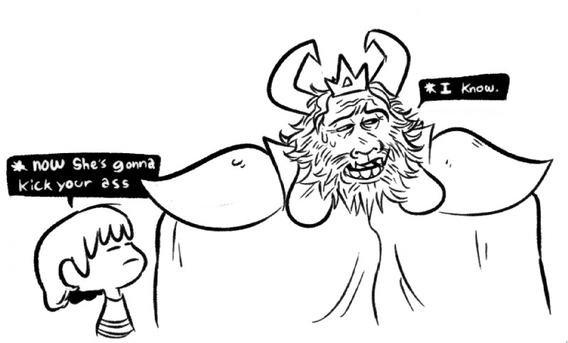 anthro beard bodily_fluids dialogue duo facial_hair frown horn long_ears male mature_anthro mature_male profanity sweat text phillip-banks undertale undertale_(series) asgore_dreemurr frisk_(undertale) boss_monster_(undertale) bovid caprine human mammal 2015 black_and_white english_text monochrome