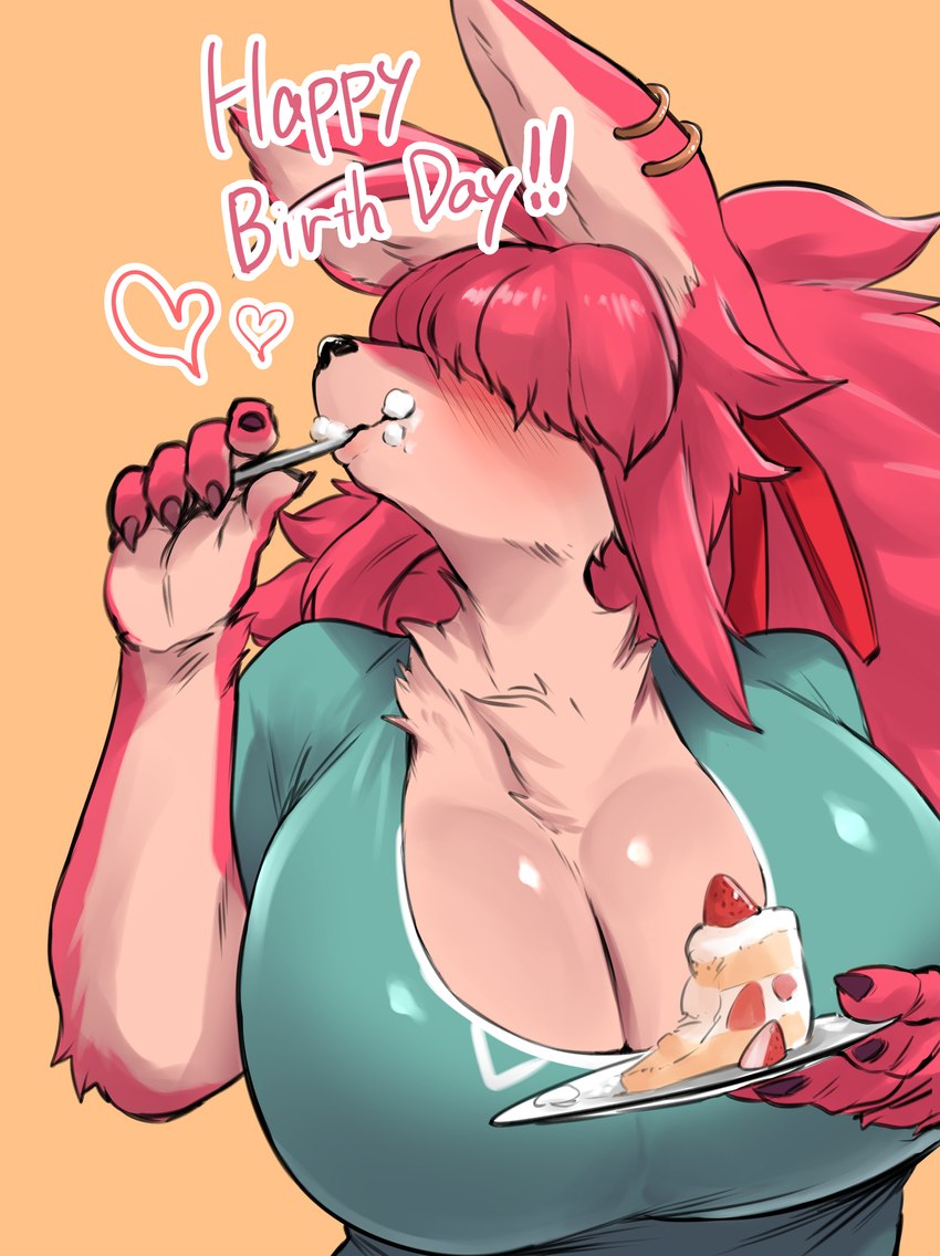 anthro big_breasts breasts cake cleavage clothed clothing dessert ear_piercing ear_ring female female_anthro food fur hair hair_over_eyes huge_breasts kemono multicolored_body multicolored_fur piercing ring_piercing solo two_tone_body two_tone_fur sleepiness18 ray_(sususuigi) canid canine mammal absurd_res hi_res