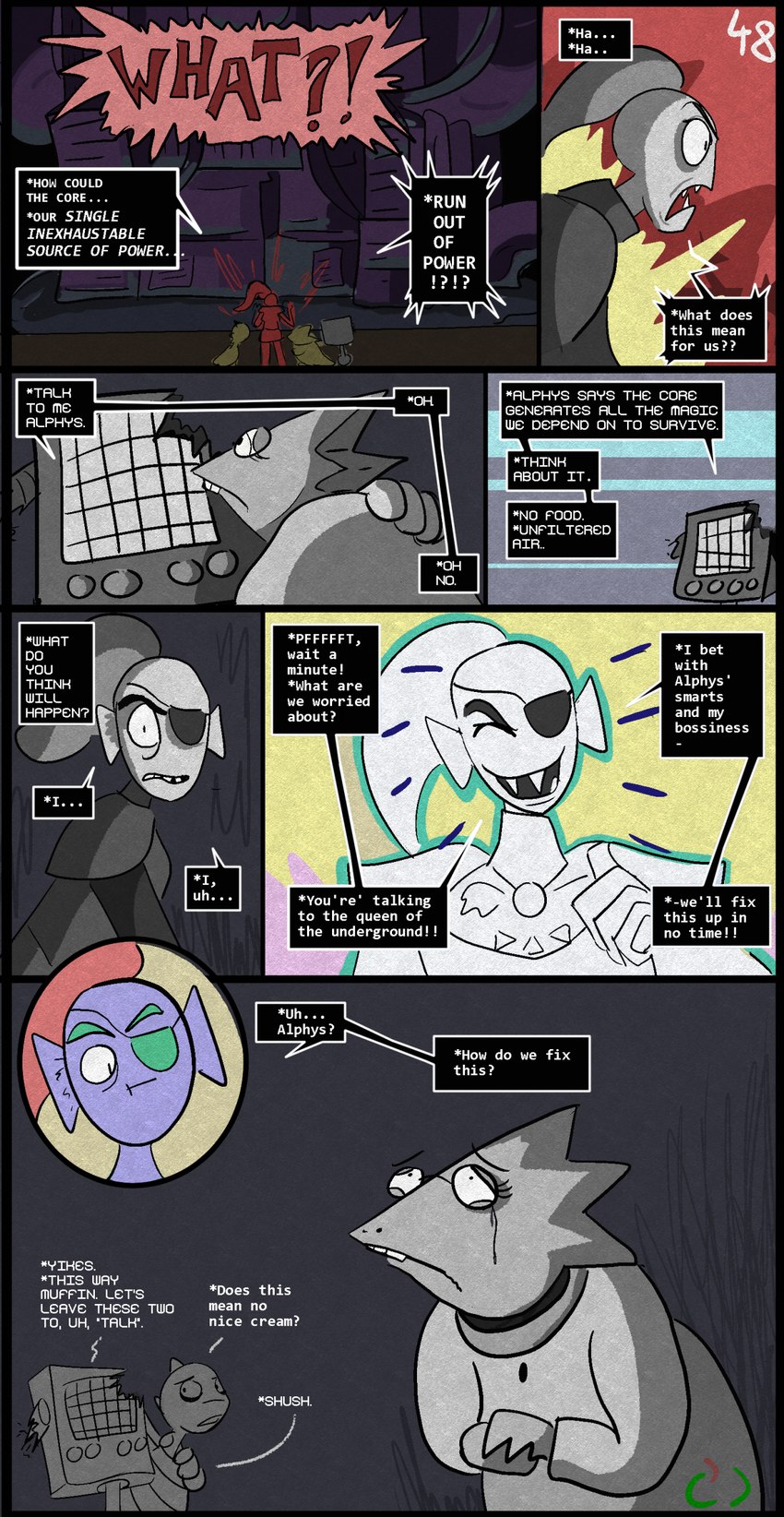 alternate_universe clothed clothing dialogue eye_patch eyewear female glasses hair machine male open_mouth red_hair speech_bubble teeth text sour-apple-studios horrortale undertale undertale_(series) alphys mettaton monster_kid undyne undyne_(horrortale) animal_humanoid boss_monster_(undertale) fish fish_humanoid humanoid lizard marine marine_humanoid reptile robot scalie absurd_res comic english_text hi_res