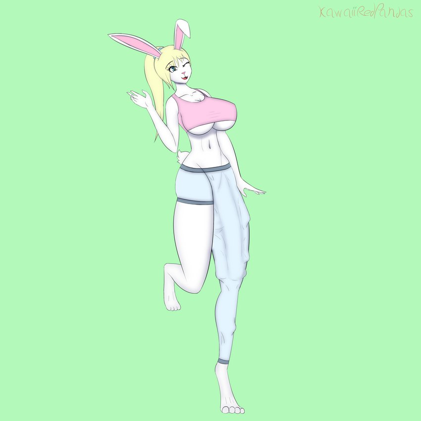 anthro big_breasts big_penis blonde_hair blue_eyes bottomwear breasts bulge clothed clothing crop_top fur genitals gesture gynomorph hair intersex on_one_leg one_eye_closed pants penis ponytail shirt smile solo standing tail topwear waving white_body white_fur wink kawaiiredpandas lagomorph mammal 1:1 absurd_res hi_res