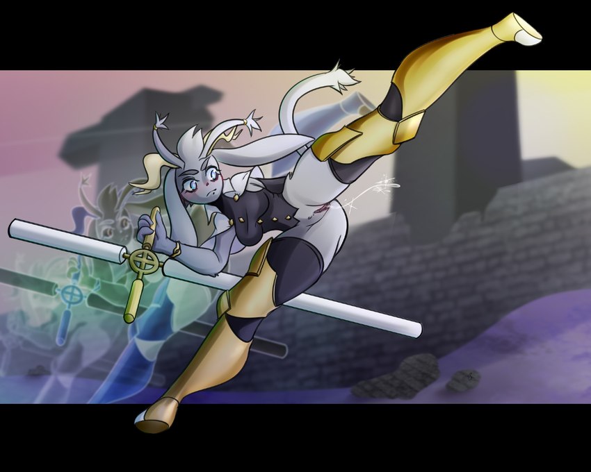 anthro antlers armor big_breasts black_border black_clothing black_legwear black_thigh_highs black_topwear blue_eyes blush bodily_fluids border bottomless breasts clothed clothing eyebrows eyelashes female floppy_ears fur genital_fluids genitals greaves grey_body grey_fur holding_object holding_weapon horn kick legwear long_ears lop_ears pussy solo tan_antlers tan_horn thick_eyebrows thick_thighs thigh_highs topwear vaginal_fluids weapon wide_hips rasenxoru pseudoregalia sybil_(pseudoregalia) bovid caprine goat hybrid jackalope lagomorph leporid mammal rabbit hi_res