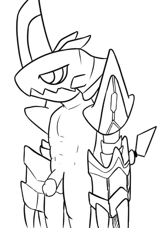 armor balls bottomless claws clothed clothing flaccid genitals headgear helmet horn humanoid_genitalia humanoid_penis male nude penis simple_background solo standing topless weapon cuuraotter bandai_namco digimon digimon_(species) scalie zubamon 2017 hi_res monochrome sketch