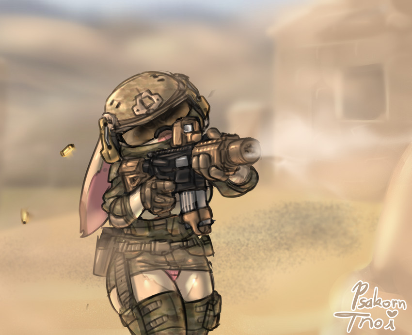 anthro ar_platform armor building bullet_casing camel_toe camo camo_print clothed clothing desert eyewear female gloves gun handwear headgear helmet holding_gun holding_object holding_ranged_weapon holding_weapon legwear military military_uniform panties pink_clothing pink_panties pink_underwear ranged_weapon rifle sandstorm shooting soldier solo sunglasses tactical_gear thigh_highs underwear uniform upskirt warrior weapon psakorn_tnoi lagomorph leporid mammal rabbit digital_media_(artwork) hi_res shaded