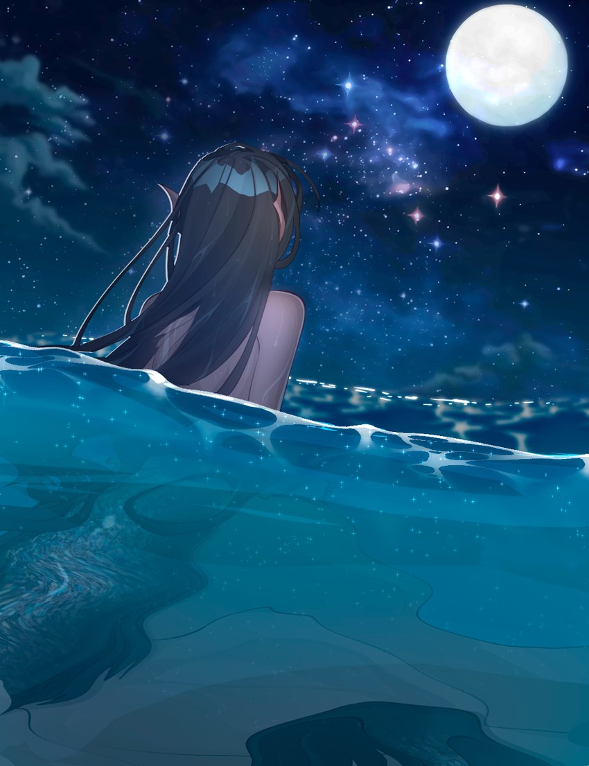 black_hair blue_eyes breasts dark_body dark_skin female hair jewelry long_hair medium_breasts mermaid_tail necklace necklace_only nude solo split_form cogamori third-party_edit fan_character humanoid marine merfolk colored hi_res