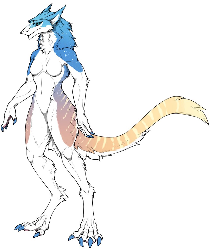 blue_body blue_claws blue_eyes blue_fur breasts claws digitigrade featureless_crotch female fur gradient_fur nude simple_background tail tan_body tan_fur white_body white_fur morpheuskibbe_(artist) morpheuskibbe samantha_(morpheuskibbe) sergal hi_res story story_in_description