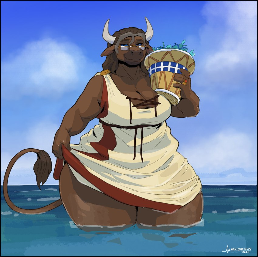 2_horns 5_fingers anthro basket big_breasts blue_eyes blue_sky border breasts brown_body brown_breasts brown_fur brown_hair brown_tail brown_tail_tuft cleavage clothed clothed_anthro clothed_female clothing clothing_lift cloud collarbone container day digit_ring dress dress_lift eyewear female finger_ring fingers fur furniture glasses gold_ring hair holding_basket holding_container holding_object horn jewelry looking_at_viewer mature_anthro mature_female multicolored_clothing multicolored_dress outside partially_submerged ring ring_(jewelry) sea sky smile smiling_at_viewer solo standing standing_in_water tail tail_tuft thick_thighs tuft water wedding_ring white_clothing white_dress white_horn greasymojo european_mythology greek_mythology mythology iolanta_avarta bovid bovine mammal minotaur 2024 absurd_res artist_name colored dated digital_drawing_(artwork) digital_media_(artwork) hi_res mother_(lore) parent_(lore)