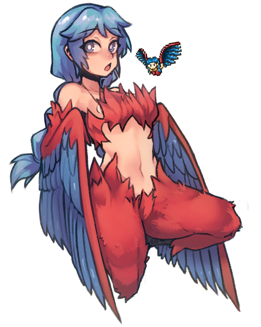 blue_body blue_eyes blue_feathers blue_hair braided_hair breasts feathers female hair jewelry long_hair navel necklace nude open_mouth simple_background solo white_background wings nyong_nyong european_mythology greek_mythology mythology terraria animal_humanoid avian avian_humanoid harpy harpy_(terraria) humanoid mythological_avian mythological_creature hi_res