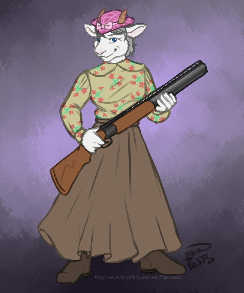 anthro biped blue_eyes boots bottomwear brown_bottomwear brown_clothing brown_skirt clothed clothing female footwear gun hat headgear headwear holding_gun holding_object holding_ranged_weapon holding_weapon horn long_skirt long_sleeve_shirt pattern_clothing pattern_shirt pattern_topwear pink_clothing pink_hat pink_headwear purple_background ranged_weapon shirt shoes simple_background skirt solo standing topwear weapon hanazawa bovid caprine goat mammal 2023 full-length_portrait hi_res portrait