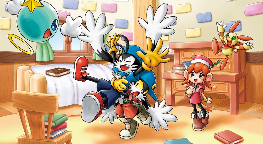 anthro bed blue_eyes book clothing dresser female furniture gloves group handwear hug male pink_clothing smile window yellow_eyes bandai_namco klonoa_(series) huepow klonoa lolo_(klonoa) popka animal_humanoid canid canine canis domestic_cat domestic_dog felid feline felis haplorhine humanoid mammal mammal_humanoid monkey monkey_humanoid primate primate_humanoid 2022 hi_res official_art