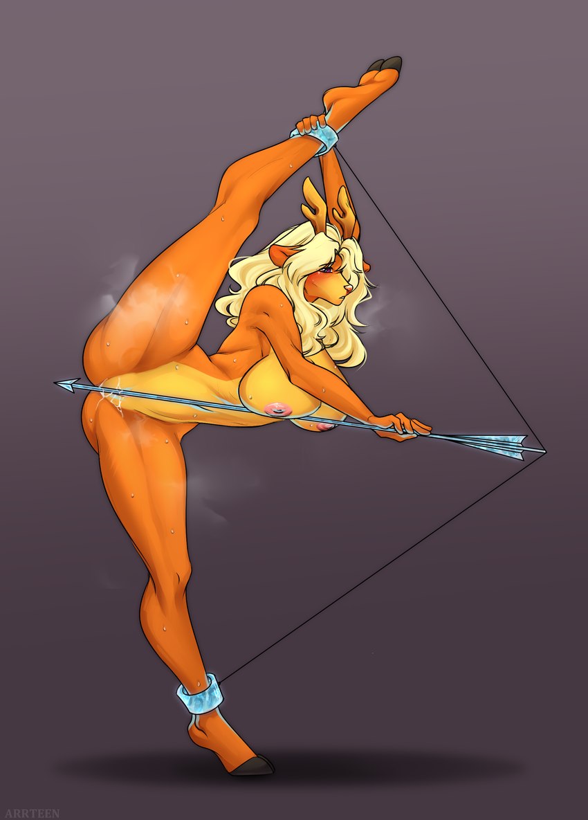 anthro antlers arrow_(weapon) balancing bdsm big_breasts blonde_hair bodily_fluids bondage bound bow_(weapon) breast_squish breasts brown_body contraption_concept cuff_(restraint) curvy_anthro curvy_female curvy_figure ears_down female flexible genital_fluids hair holding_arrow holding_object hooves horn hourglass_figure hourglass_figured_anthro hourglass_figured_female ice looking_at_viewer multicolored_body musk musk_clouds nipples nude objectification objectified on_one_leg one_leg_up pink_nipples pivoted_ears purple_eyes raised_leg ranged_weapon restraints simple_background slave_warrior small_waist snowgrave solo splits spread_legs spreading squish standing steam submissive submissive_anthro submissive_female thick_thighs two_tone_body vaginal_fluids vertical_splits weapon wide_hipped_anthro wide_hipped_female wide_hips arrteen deltarune undertale_(series) noelle_holiday animate_inanimate deer living_weapon mammal monster absurd_res hi_res story story_in_description