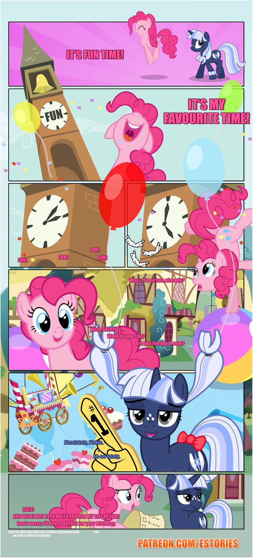 accessory balancing ball balloon beach_ball black_border border bow_ribbon cake clock clock_tower confetti cutie_mark dessert dialogue duo ears_up female feral foam_finger food freckled_face freckles furgonomics heart_symbol horn inflatable list outside ponyville ribbons smile tail tail_accessory tail_bow tail_ribbon estories friendship_is_magic hasbro my_little_pony mythology pinkie_pie_(mlp) silverlay_(estories) earth_pony equid equine horse mammal mythological_creature mythological_equine pony unicorn absurd_res hi_res