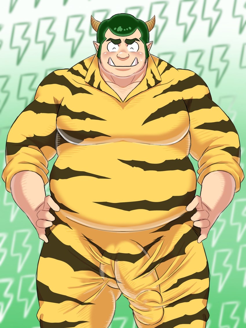 balls_outline belly big_belly bulge clothed clothing detailed_bulge eyes_closed genital_outline green_hair hair horn male musclegut muscular overweight overweight_male penis_outline solo ginnan_0510 urusei_yatsura lum's_father horned_humanoid humanoid 2024 3:4 hi_res