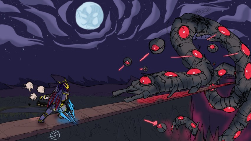 ambiguous_gender armor biped cloud crown damage dramatic_pose drone duo feral fight forest full_moon glowing glowing_eyes headgear laser laser_eyes machine melee_weapon moon night plant red_eyes smoke star sword tree weapon endr404 terraria destroyer human mammal robot worm 16:9 2022 colored line_art sketch widescreen