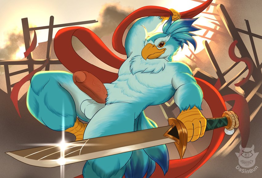 anthro balls beak blue_body erection fur genitals holding_object holding_weapon male melee_weapon penis solo sword weapon dasinbun dota valve kez_(dota) avian bird digital_drawing_(artwork) digital_media_(artwork) hi_res