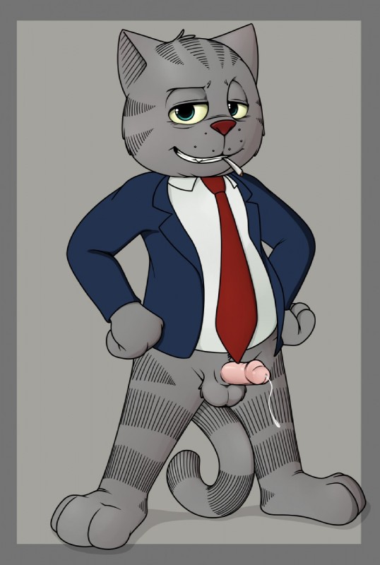 anthro balls bodily_fluids bottomless circumcised clothed clothing drugs erection genital_fluids genitals grey_background humanoid_genitalia humanoid_penis looking_at_viewer male marijuana necktie partially_clothed penis precum simple_background smoking solo neenya fritz_the_cat fritz_the_cat_(character) domestic_cat felid feline felis mammal 2017 hi_res