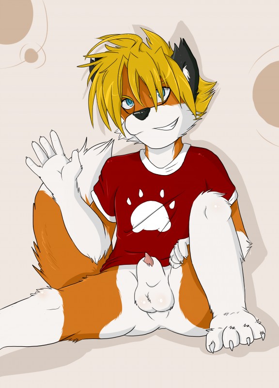 animal_genitalia animal_penis anthro balls biped blonde_hair canine_genitalia canine_penis clothing genitals hair looking_at_viewer male penis penis_tip sheath shirt smile solo topwear young young_anthro young_male stripes-the-raccoon kit_hawkins_(character) canid canine fox mammal absurd_res hi_res