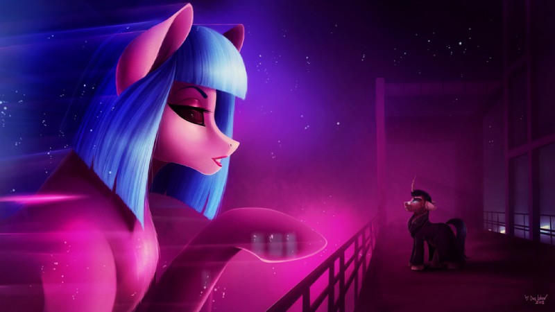 band-aid bandage black_eyes blue_hair bridge clothing coat cyberpunk duo hair hologram hooves horn night parody topwear trenchcoat das-leben blade_runner blade_runner_2049 friendship_is_magic hasbro my_little_pony mythology joi_(blade_runner) k_(blade_runner) earth_pony equid equine horse mammal mythological_creature mythological_equine pony replicant unicorn 16:9 crossover widescreen