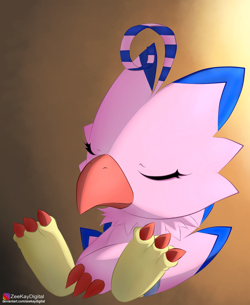 beak blue_markings claws eyelashes eyes_closed feathers feet female markings orange_background pink_body red_beak red_claws simple_background solo toe_claws tuft zeekaydigital bandai_namco digimon avian biyomon digimon_(species) hi_res signature