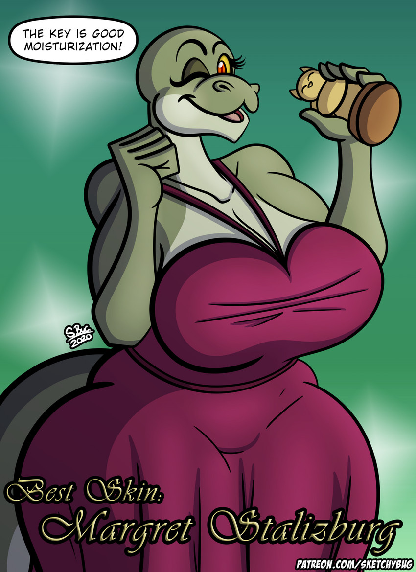 anthro award award_ceremony big_breasts breasts cleavage clothed clothing countershading dialogue dress female green_body huge_breasts looking_at_viewer mature_anthro mature_female non-mammal_breasts one_eye_closed solo text thick_thighs trophy wide_hips wink sketchybug margret_stalizburg reptile scalie snake 2020 english_text hi_res url