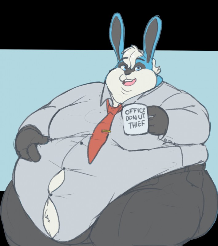 anthro belly belly_overhang big_belly big_butt black_body black_fur blue_body blue_fur butt button_(fastener) chubby_cheeks clothed clothing container cup double_chin fur hand_on_belly holding_container holding_cup holding_object love_handles male moobs morbidly_obese morbidly_obese_anthro morbidly_obese_male necktie obese obese_anthro obese_male open_mouth open_smile overweight overweight_anthro overweight_male smile solo straining_buttons thick_thighs white_body white_fur captainjusticevirtsuoso winston_(roller-2009) lagomorph leporid mammal rabbit absurd_res hi_res