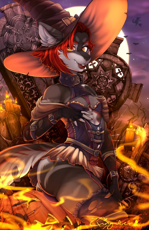 alternative_fashion cemetery clothing corset crossgender fire glowing hair haunted holidays jack-o'-lantern lingerie magic magic_user male pose punk red_hair rock spell spoopy topwear witch avoid_posting zingiber halloween amelya canid canine canis mammal wolf hi_res pinup