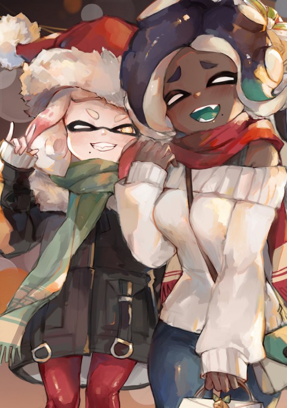 christmas_clothing christmas_headwear clothing coat dark_body dark_skin duo eyes_closed female frame_bag handbag hat headgear headwear holidays open_mouth pseudo_hair santa_hat scarf smile sweater tentacle_hair tentacles topwear yellow_eyes harusakaryuuji christmas nintendo splatoon marina_(splatoon) pearl_(splatoon) animal_humanoid cephalopod cephalopod_humanoid humanoid inkling marine marine_humanoid mollusk mollusk_humanoid octarian octoling 2019 hi_res