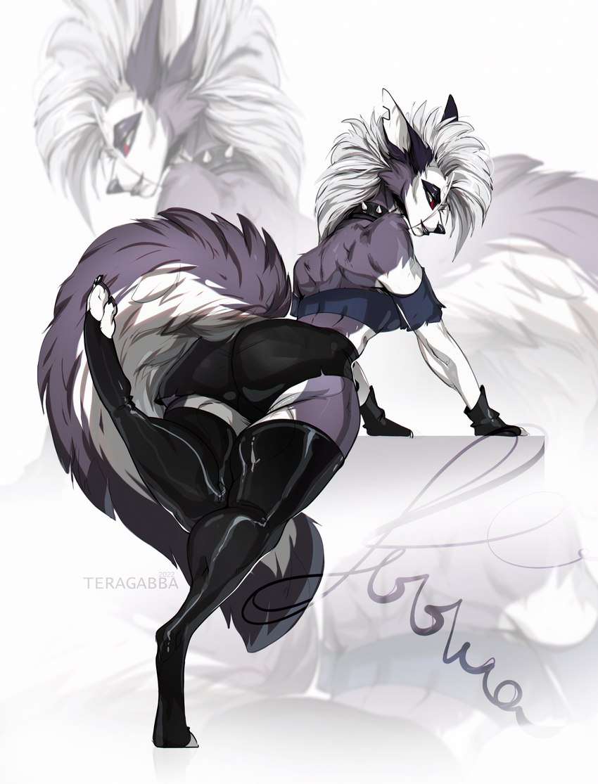 anthro big_butt butt clothing collar deathhawk female latex legwear raised_leg simple_background solo thick_thighs wide_hips zoom_layer teragabba helluva_boss mythology loona_(helluva_boss) canid canid_demon canine canis demon hellhound mammal mythological_canine mythological_creature wolf absurd_res hi_res