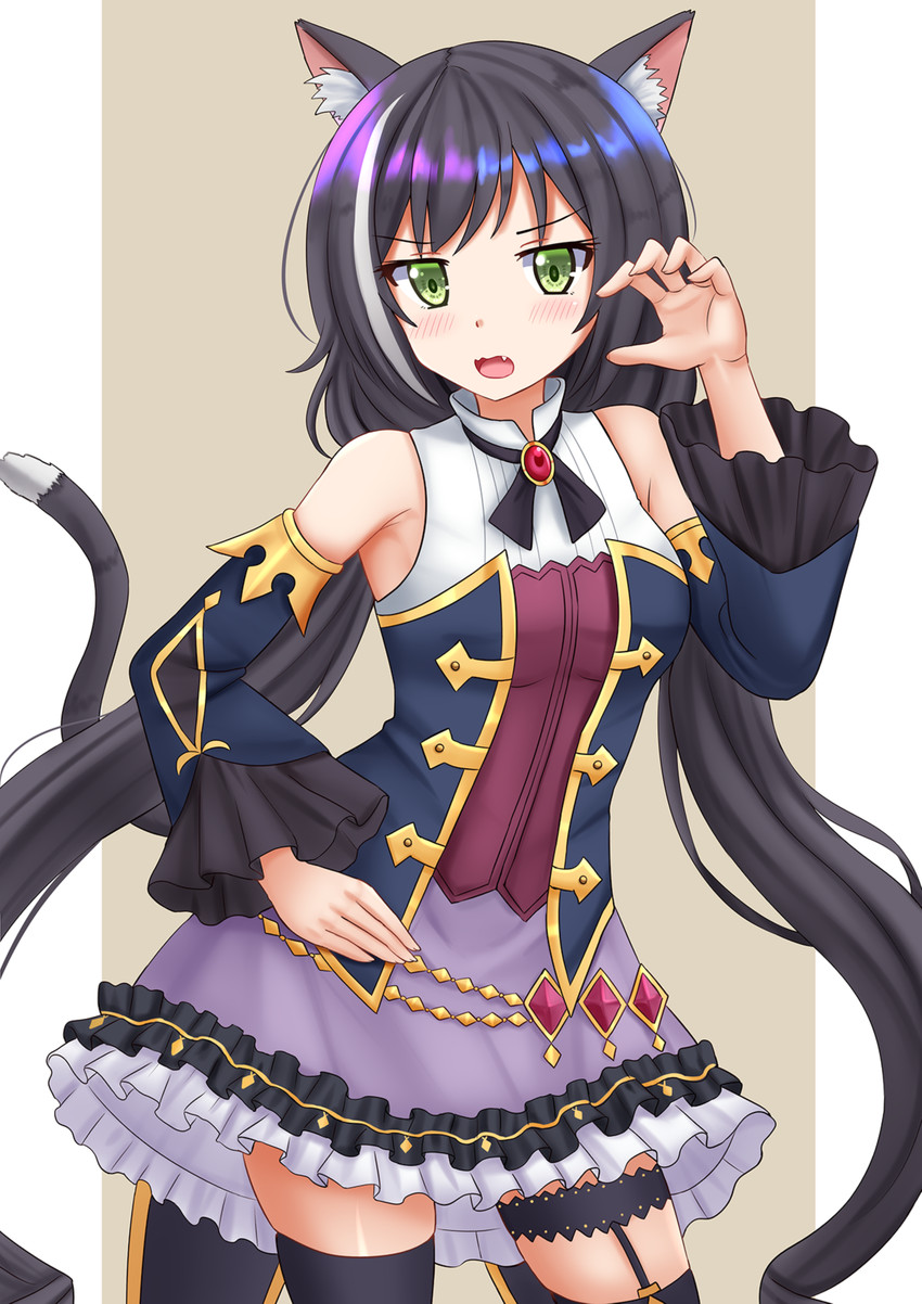 black_body black_fur black_hair blush breasts clothing female fur green_eyes hair long_hair simple_background small_breasts solo kazenokaze cygames princess_connect! princess_connect!_re:dive karyl_(princess_connect!) animal_humanoid cat_humanoid felid felid_humanoid feline feline_humanoid humanoid mammal mammal_humanoid hi_res