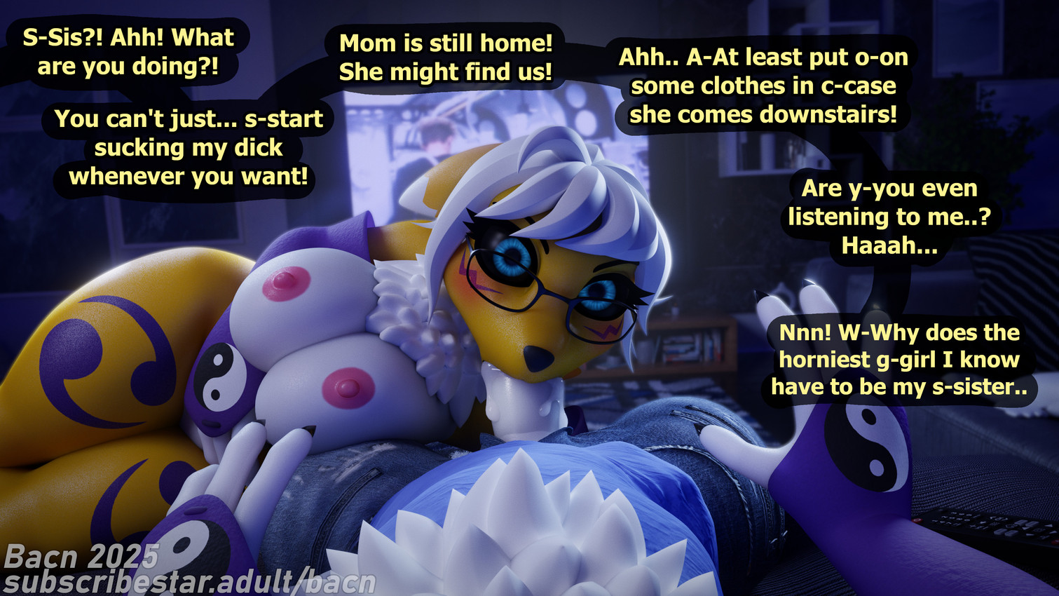 anthro big_breasts black_sclera blush bodily_fluids bottomwear breast_squish breasts claws clothed clothed/nude clothed_male clothed_sex clothing cum cum_in_mouth cum_inside detailed_background dialogue duo electronics erection eyewear fellatio female fingers first_person_view furniture genital_fluids genitals glasses hair huge_breasts inside looking_at_viewer male male/female male_penetrating male_pov nipples nude oral oral_penetration penetration penile penis penis_poking_out penis_through_fly questionable_consent sex sofa sofa_sex squish television text topwear white_body yellow_body bacn bacn_(modeler) bandai_namco digimon renamon_(bacn) renny_(bacn) canid canine digimon_(species) fox mammal renamon 16:9 2025 3d_(artwork) 4k absurd_res digital_media_(artwork) english_text hi_res widescreen brother_(lore) brother_and_sister_(lore) incest_(lore) sibling_(lore) sister_(lore)