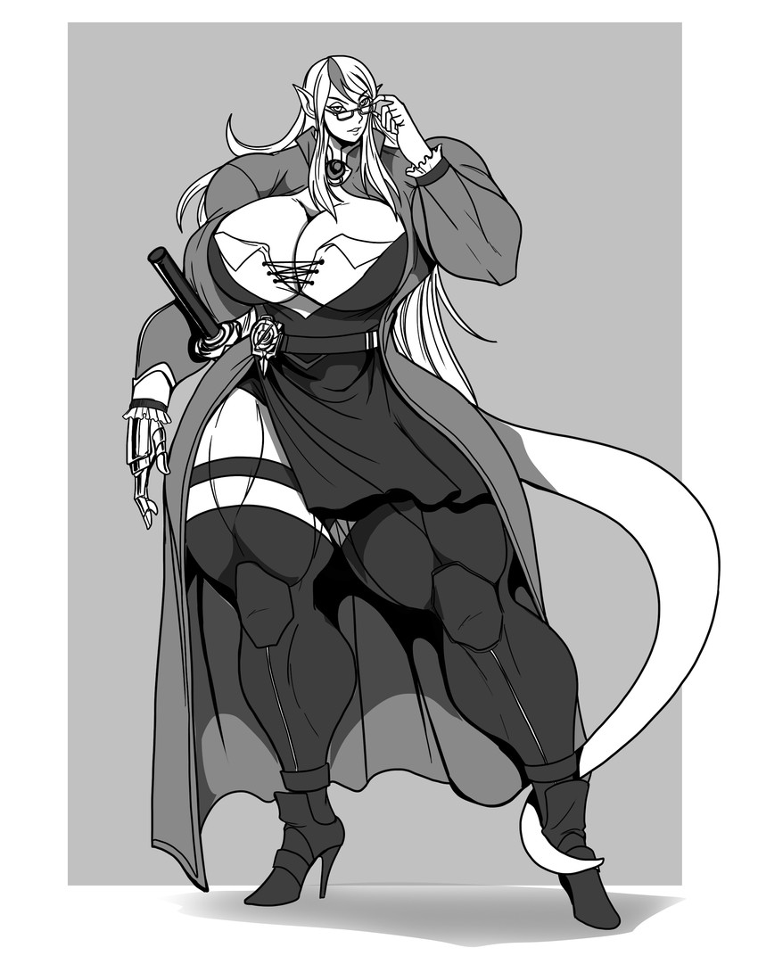 big_breasts breasts cleavage clothed clothing eyewear female footwear glasses high_heels legwear muscular muscular_female muscular_humanoid not_furry prosthetic prosthetic_hand shoes solo thick_thighs thigh_highs wide_hips osmar-shotgun elf humanoid absurd_res hi_res monochrome