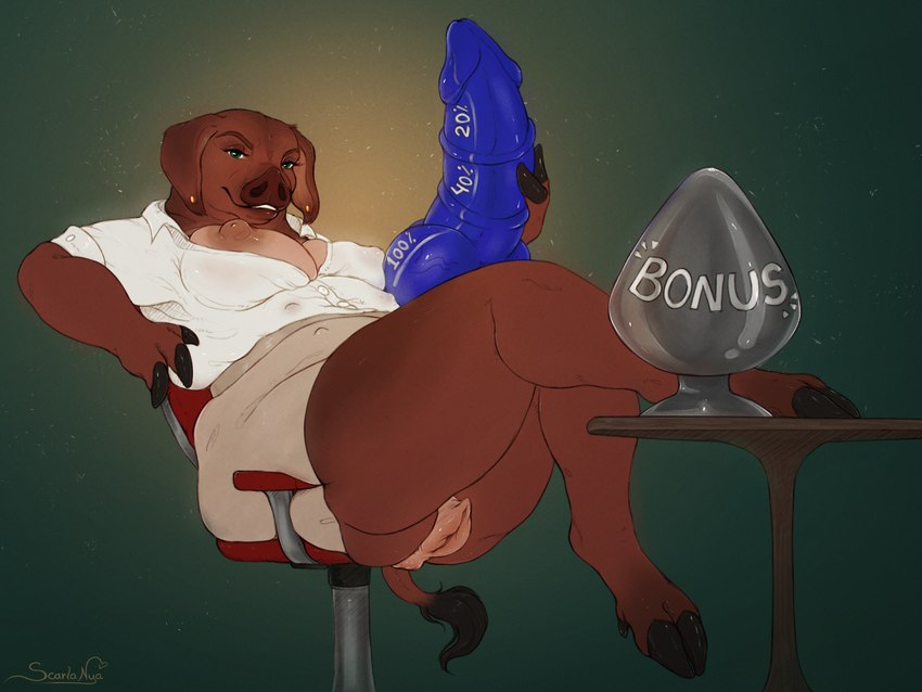 anatomically_correct anatomically_correct_genitalia anatomically_correct_pussy animal_genitalia animal_pussy anthro anus big_breasts big_dildo black_hooves breasts brown_body chair clothed clothing cloven_hooves dildo female floppy_ears furniture genitals hooves huge_buttplug leaning leaning_backward multi_nipple nipples on_chair one_breast_out overweight overweight_anthro overweight_female partially_clothed porcine_pussy pussy sex_toy shirt sitting sitting_on_chair solo tail-tuft thick_thighs topwear scarlanya abby_(caldariequine) domestic_pig mammal suid suina sus_(pig) hi_res