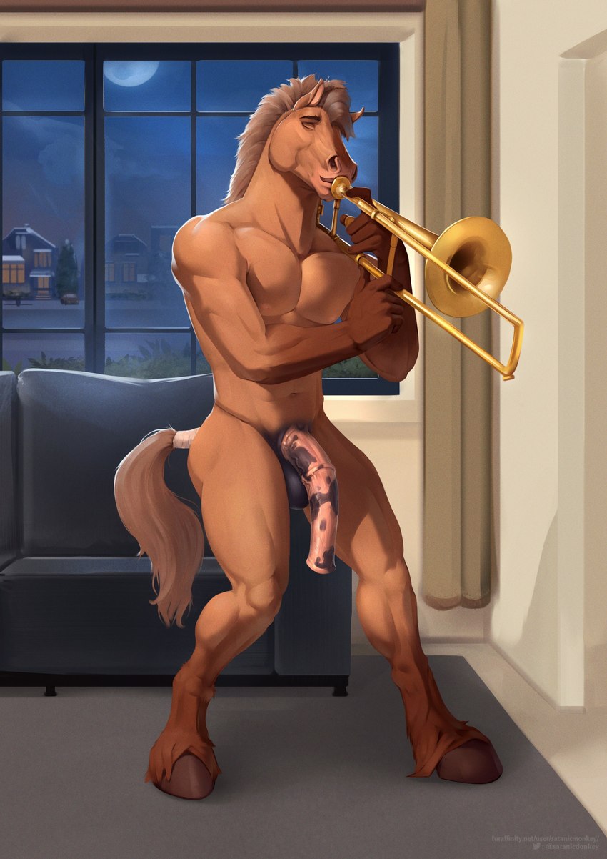 animal_genitalia animal_penis anthro balls brass_instrument equine_genitalia equine_penis genitals hooves male musical_instrument pecs penis playing_music solo spots spotted_genitalia spotted_penis tail trombone vein veiny_penis wind_instrument satanic_monkey equid equine horse mammal absurd_res hi_res