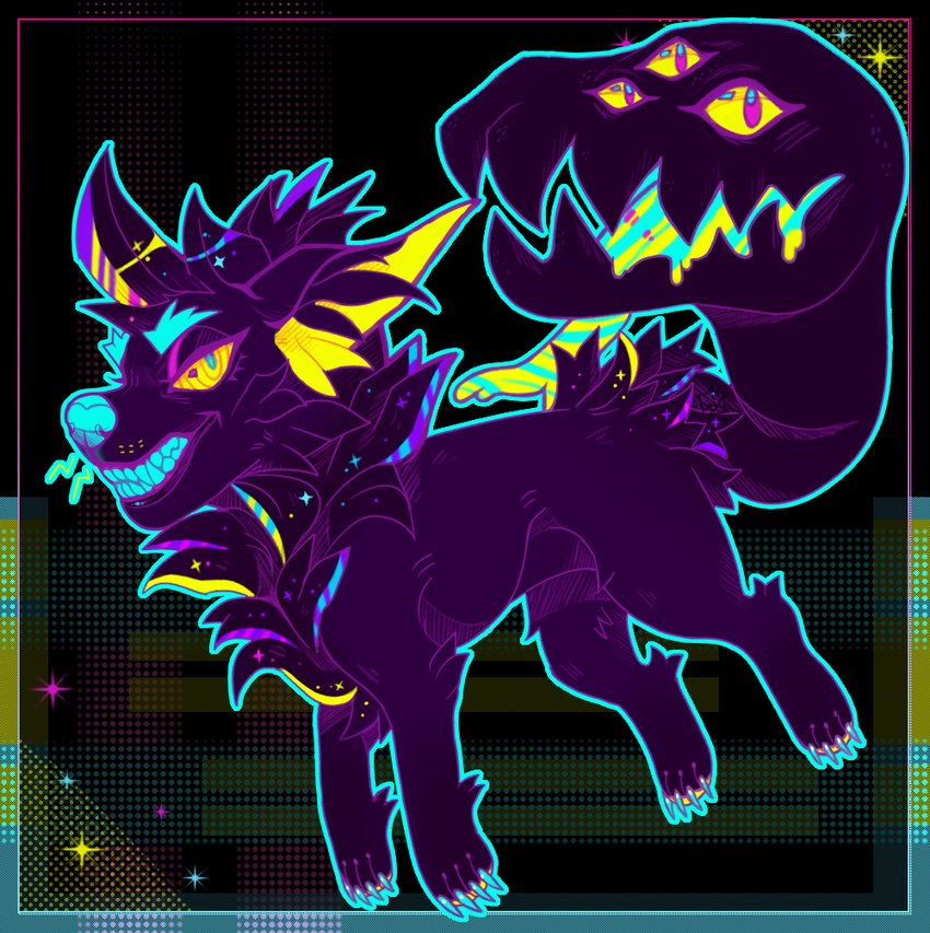 ambiguous_gender blue_body blue_skin chibi claws eyebrows feral living_tail long_tongue mane mawtail multi_eye neon slime slimy_tongue tail team_stardust tongue toothy_grin unusual_anatomy unusual_tail yellow_eyes greaserdemon artfight2024 canid canine mammal monster