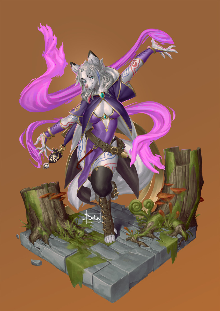 5_fingers anthro belt blue_eyes boots breasts brown_background clothing dipstick_ears ear_markings female fingers footwear fur hair highlights_(coloring) lamp magic multicolored_ears on_one_leg purple_highlights shoes simple_background smile solo standing tree_stump white_body white_fur white_hair botak canid mammal 2020 hi_res