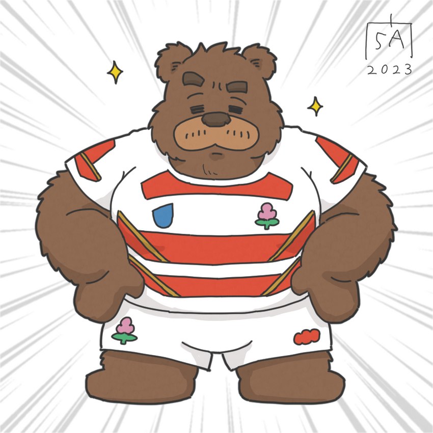 anthro bottomwear brown_body brown_fur clothing eyes_closed fur male rugby rugby_uniform shirt shorts simple_background solo topwear goyemon_k kumalino sanrio roast_(kumalino) bear mammal 1:1 2023