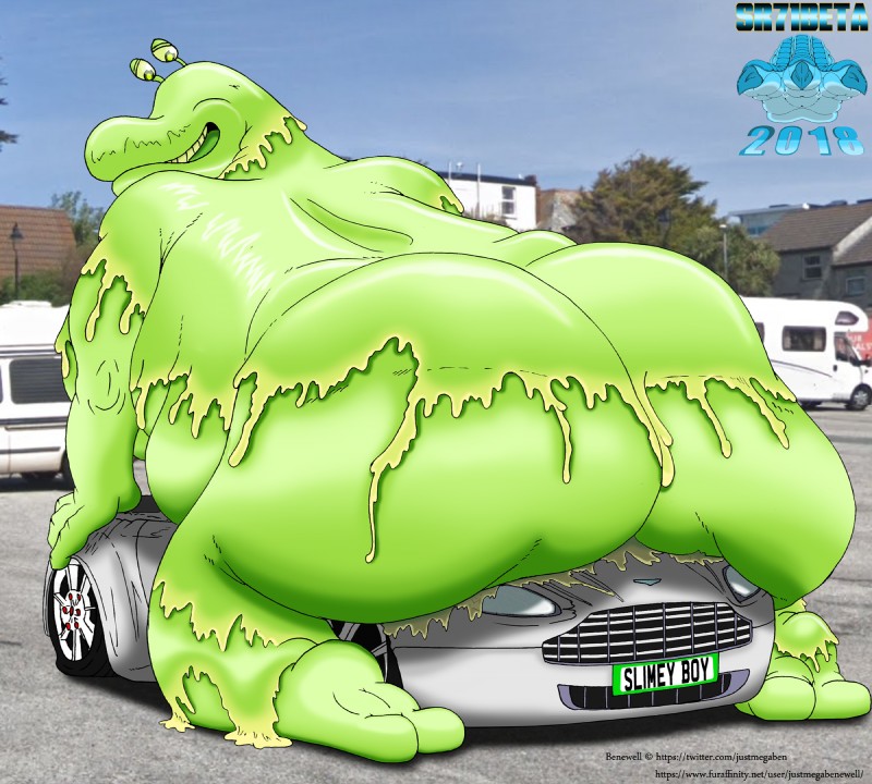 anthro butt car crush heavy obese obese_anthro overweight overweight_anthro parking_lot slime solo teasing text vehicle justmegabenewell sr71beta aston_martin slug_(justmegabenewell) gastropod mollusk slug hi_res url