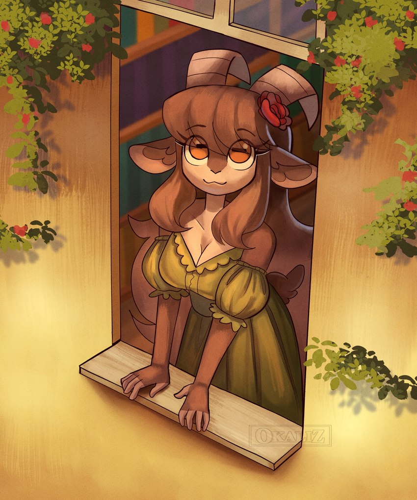 2_horns :3 accessory anthro bare_shoulders breasts brown_hair cleavage clothed clothing dress eye_through_hair eyebrow_through_hair eyebrows female flower flower_in_hair green_clothing green_dress hair hair_accessory horizontal_pupils horn orange_eyes plant pupils solo translucent translucent_hair window okaliz adeline_(okaliz) bovid caprine goat mammal absurd_res hi_res