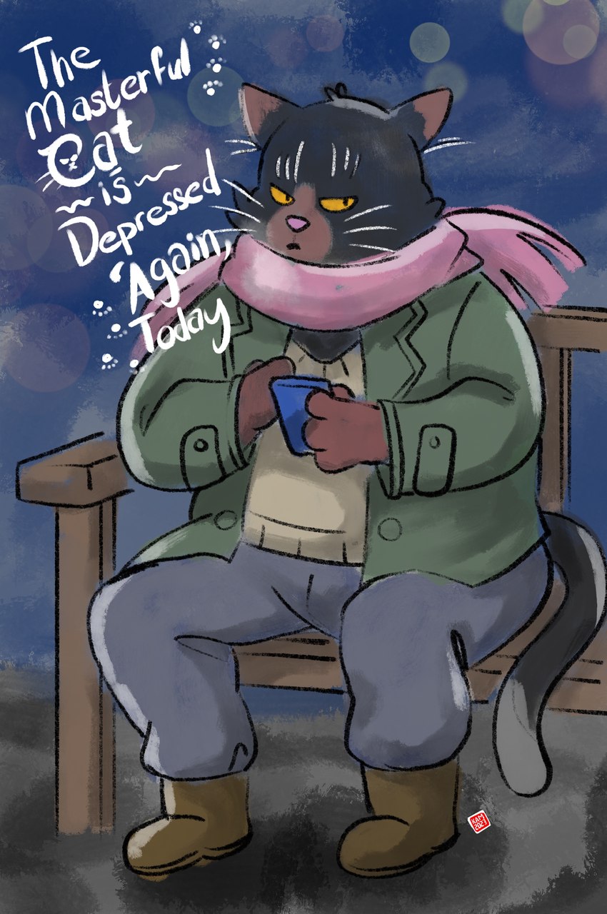 anthro biped black_body bottomwear cellphone clothing electronics gloves handwear kemono pants phone scarf sitting slightly_chubby smartphone solo sweater text topwear kamui_shirow the_masterful_cat_is_depressed_again_today yukichi domestic_cat felid feline felis mammal 2023 absurd_res english_text hi_res