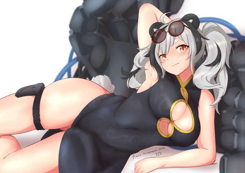 asian_clothing blush breasts clothing cute_fangs east_asian_clothing eyewear fangs female glasses grey_hair hair looking_at_viewer simple_background solo teeth thick_thighs tight_clothing white_background hinanawi_mika arknights hypergryph studio_montagne feater_(arknights) animal_humanoid bear humanoid mammal mammal_humanoid ursid_humanoid 2020 absurd_res hi_res