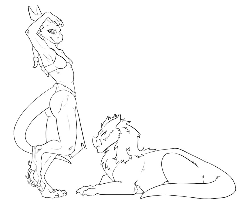 anthro biped born duo female feral fur horn long_tail lying on_front pose quadruped scales scaly_tail simple_background tail tribal white_background wyrmling zady dungeons_and_dragons european_mythology hasbro mythology wizards_of_the_coast dragon dragonborn_(dnd) furred_dragon furred_scalie kobold mythological_creature mythological_scalie scalie wingless_dragon line_art monochrome