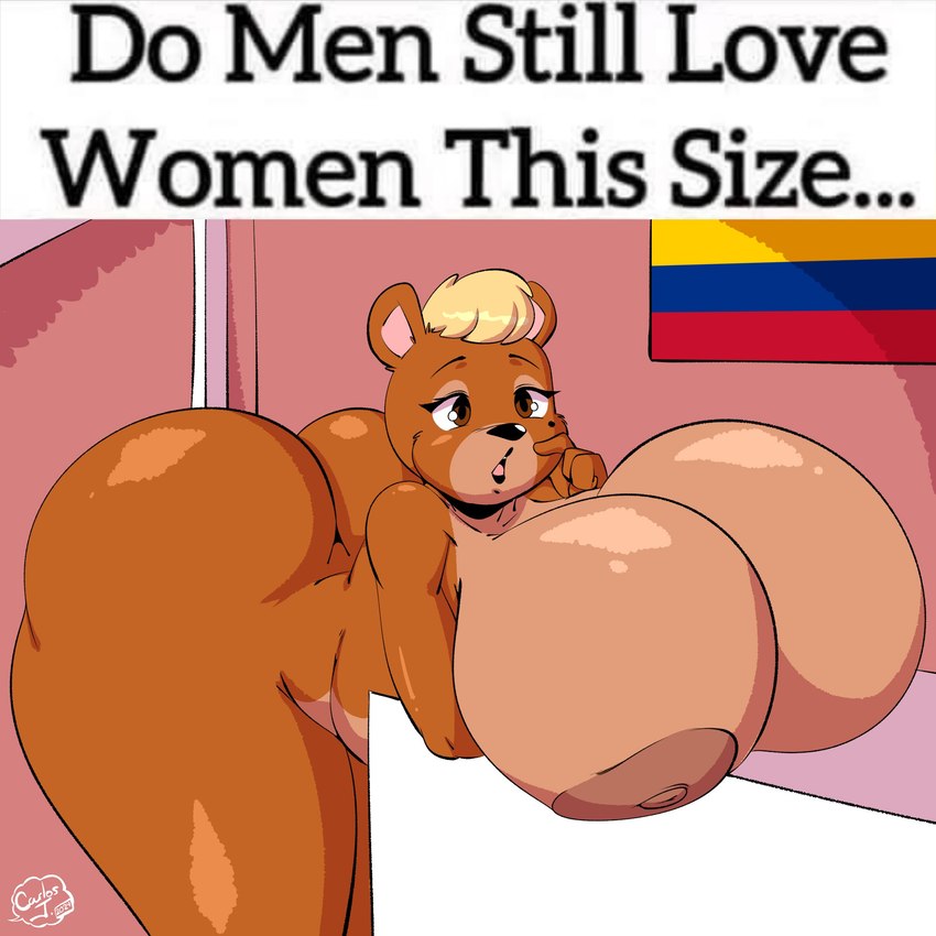 anthro areola ass_up big_breasts big_butt breasts brown_body brown_fur butt female fur huge_breasts huge_butt hyper hyper_breasts hyper_butt nude nude_female solo text thick_thighs wide_hips carlos_jurado_cartoons do_men_still_love_women_this_size yena_(cjr_cartoons) bear mammal 1:1 2024 absurd_res english_text hi_res meme