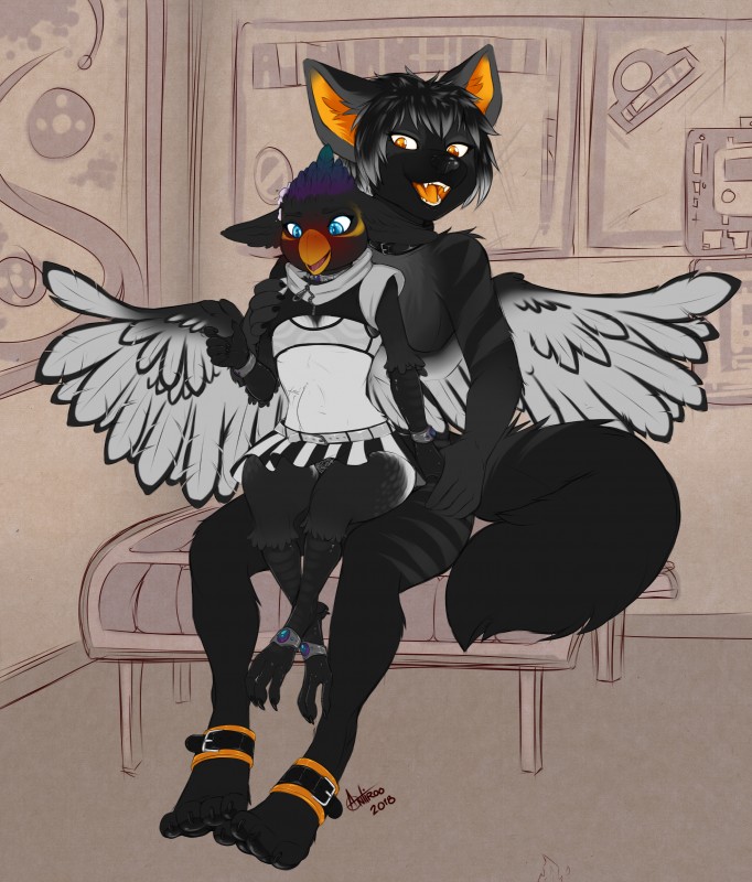 abdominal_bulge anthro avian_feet beak black_body black_fur black_nose blue_eyes blush bottomwear bus_stop chest_tuft clothed clothing collar detailed_background duo ears_down feathered_wings feathers feet female flower fur open_mouth orange_eyes orange_tongue panties pawpads paws pink_tongue pivoted_ears plant shirt sitting size_difference skirt smile spread_wings talons tank_top toes tongue topwear tuft underwear wings yellow_beak antiroo azukipuddles mythology azuki_(azukipuddles) kulza aardwolf avian bird corvid gryphon holarctic_magpie hyena magpie_(corvid) mammal mythological_avian mythological_creature oscine passerine yellow-billed_magpie 2018 absurd_res digital_media_(artwork) hi_res shaded