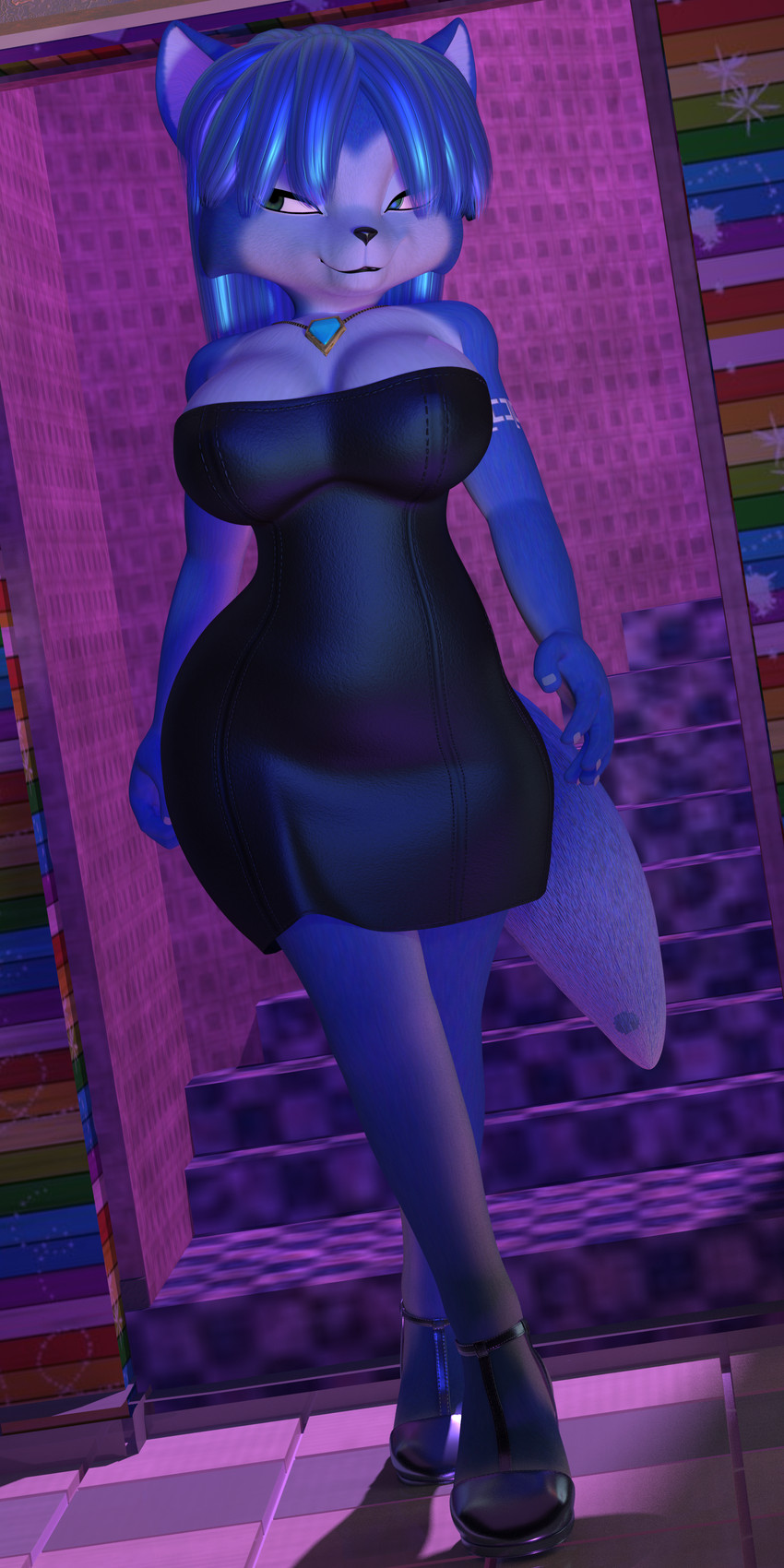 aligned_feet ankle_strap_heels anthro black_clothing black_dress blue_body blue_fur blue_hair clothed clothing dress female footwear fur hair half-closed_eyes high_heeled_sandals high_heels narrowed_eyes sandals shoes smile solo strutting walking themeshow101 nintendo star_fox krystal_(star_fox) canid canine fox mammal 1:2 3d_(artwork) absurd_res digital_media_(artwork) hi_res