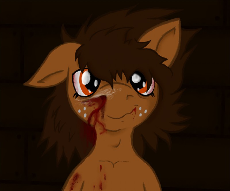 ambiguous_gender anthro biped blood bloodshot_eyes bodily_fluids brown_hair drugs eyelashes freckles hair ketamine long_eyelashes long_hair looking_at_viewer lying nosebleed orange_eyes smile solo teeth vodkaroo hasbro my_little_pony fan_character willy_nilly_(oc) earth_pony equid equine horse mammal pony 6:5