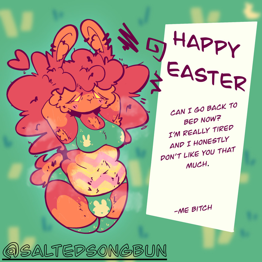 anthro armpit_hair belly biped body_hair bodypaint bulge clothed clothing gynomorph gynomorph_anthro happy_trail holidays intersex intersex_anthro musk paint partially_clothed profanity pubes slightly_chubby solo text caramelody easter chichi_(caramelody) lagomorph leporid mammal rabbit 1:1 english_text hi_res