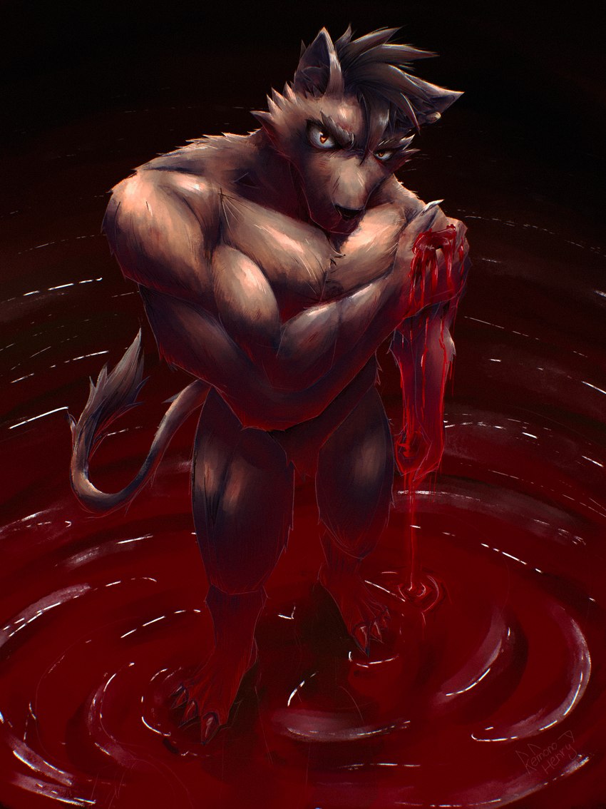 abs anthro barazoku biceps blood bodily_fluids breasts ear_piercing fur gore hair looking_at_viewer male muscular muscular_anthro muscular_male pecs piercing simple_background solo tail wounded kemonohenry mythology canid canine canis hybrid mammal mythological_canine mythological_creature werecanid werecanine werecreature werewolf wolf absurd_res hi_res